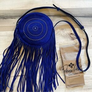 NWOT Patricia Nash round suede crossbody electric blue fringe purse